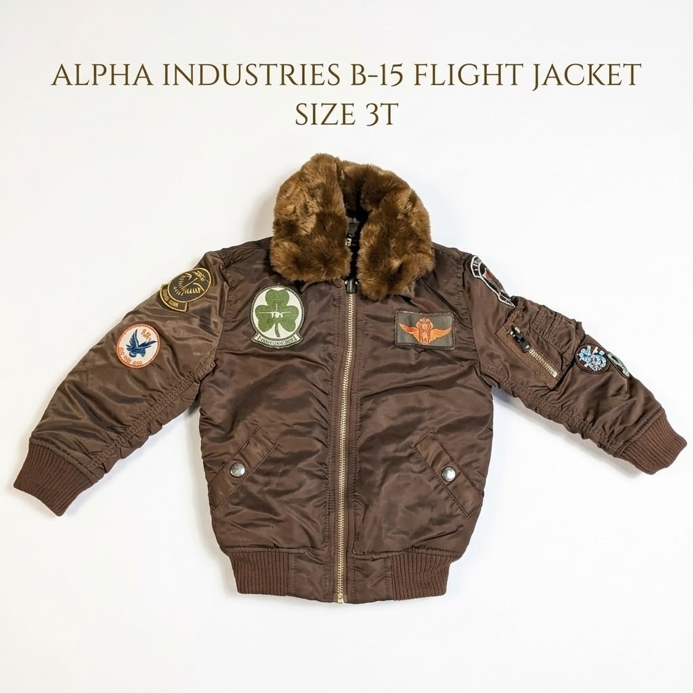 Alpha Industries B-15 Flight Jacket Boys 3T Brown Fur Bomber Aviation